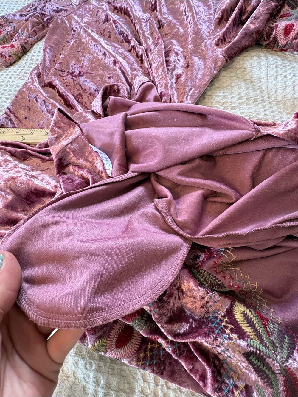 Orange Creek Floral Embroidered Crushed Velvet Dress S Mauve Midi Boho Flapper - Picture 13 of 13